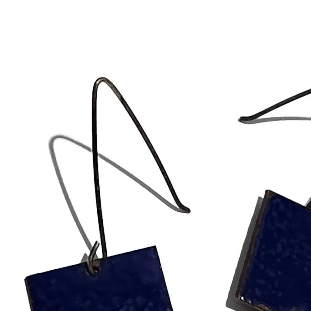 Pair of Earrings Copper Squares Drop Circle Glazed Blue Front